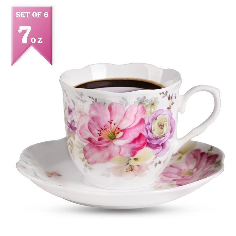 GuangYang 7 oz Porcelain Tea Cups and Saucers Set of 6, Pink Floral Design â€“ Elegant Gift Set for Tea Lovers, Coffee, Cappuccino, Mocha, Weddings, Housewarming & Holidays - Image 2